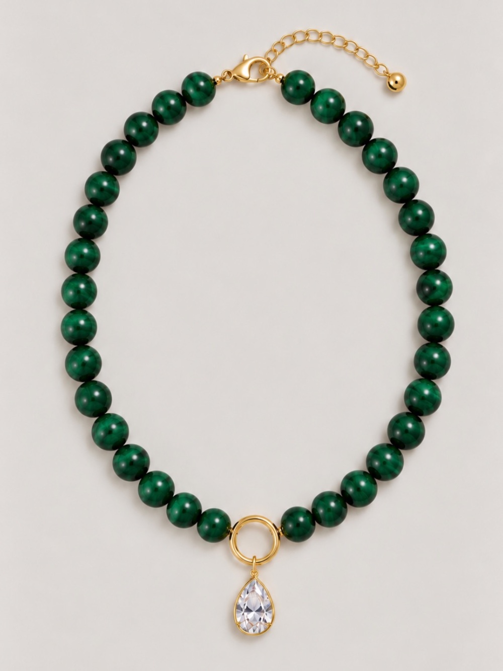 New! Green Marble Beaded Tear Drop Crystal Pendant Necklace NWOT